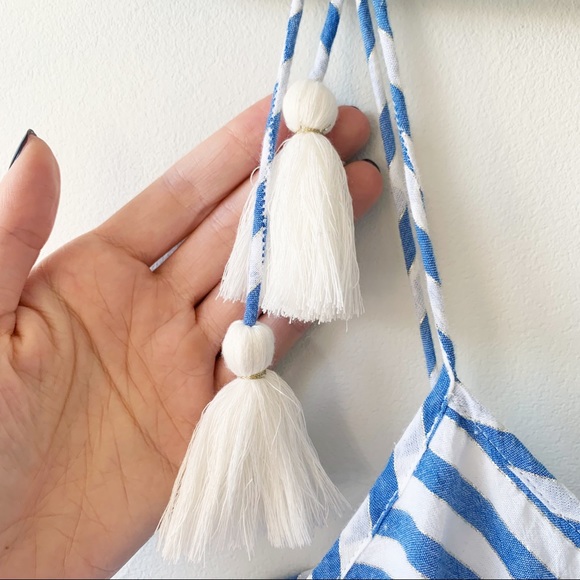 Sezane Felicie Dress in Ecru Blue Silver Tiered Button Down Tassel Tie Size 6 - Picture 7 of 10